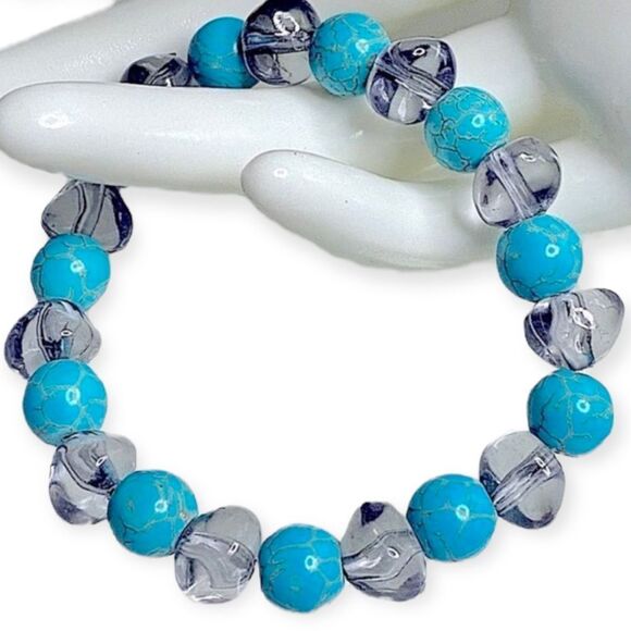 NEW Turquoise Clear Oval Beaded Stackable Bangle Bracelet - Picture 1 of 3